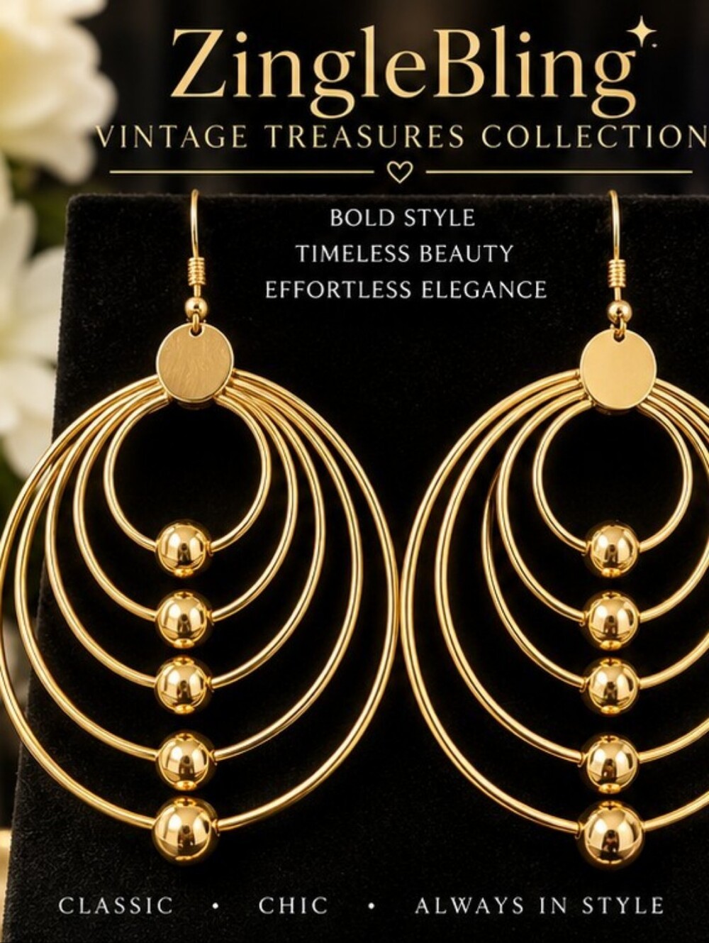 Gold Tone Multi Hoop Statement Dangle Earrings Unworn Old Stock